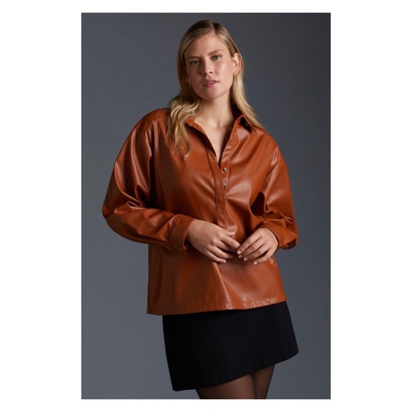 NWOT Anthropologie Faux Leather Shirt in Cedar Size 1X - Picture 3 of 8